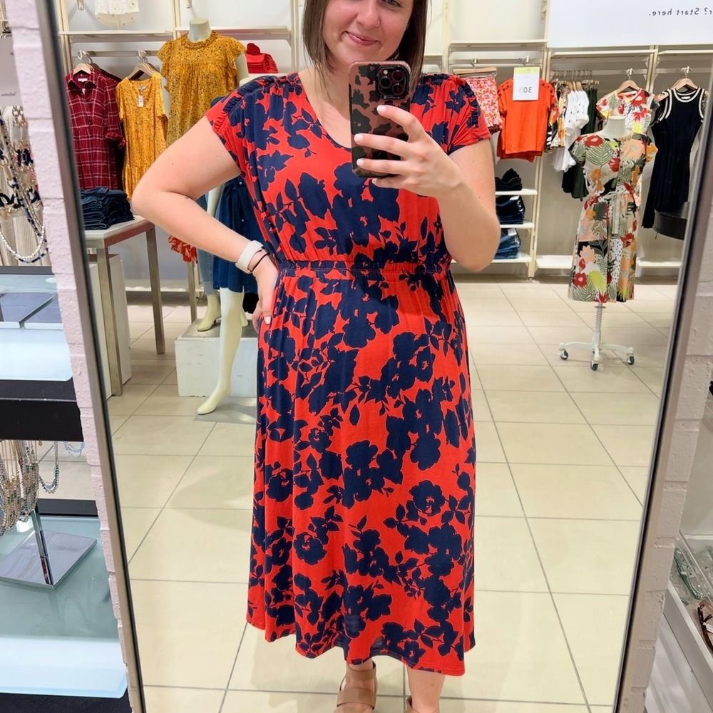 LOFT Midi Dress in Red and Navy Floral